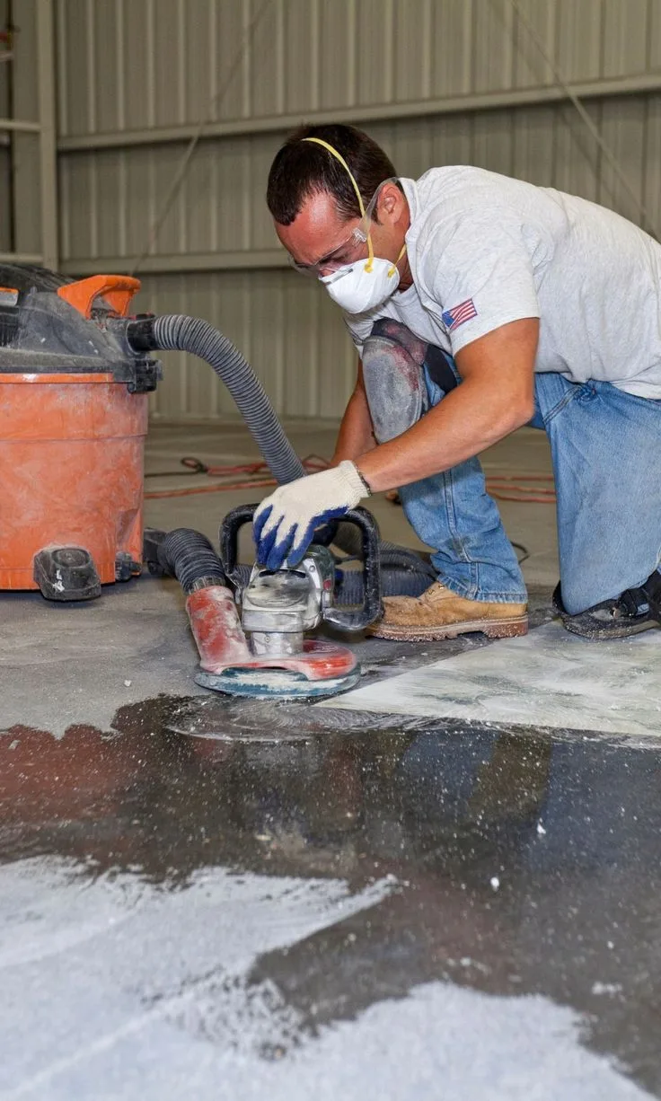 Applicateur en train de poncer un sol béton avec une surfaceuse électrique raccordée à un aspirateur, port du masque et des lunettes de protection
