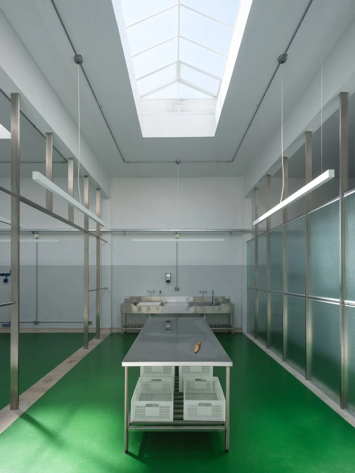 Dark kitchen avec zone cuisine vert et zone circulation blanc, cloisons de verre et plonge inox